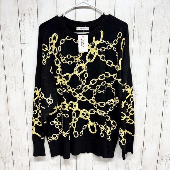 Zara Knit Sweater Women Size Small Black Gold Chain Printer Crewneck Long Sleeve - Picture 1 of 6